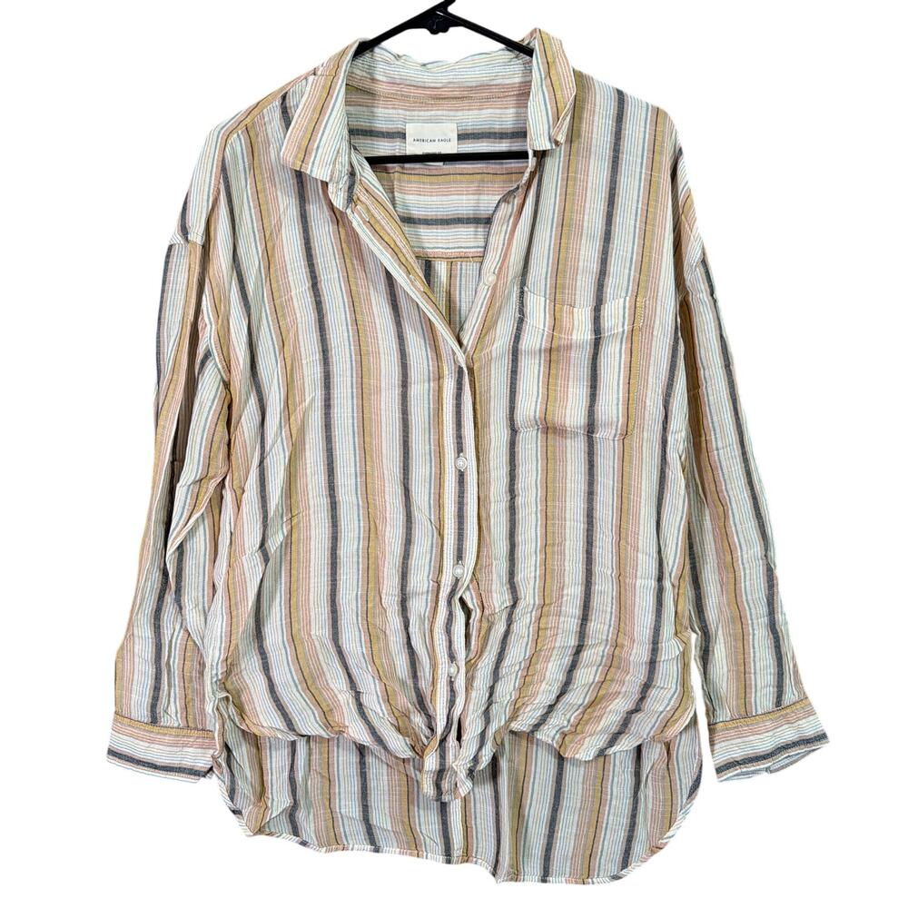 American Eagle Womens Shirt Multicolor Striped Button Down HiLo Oversized Soft S
